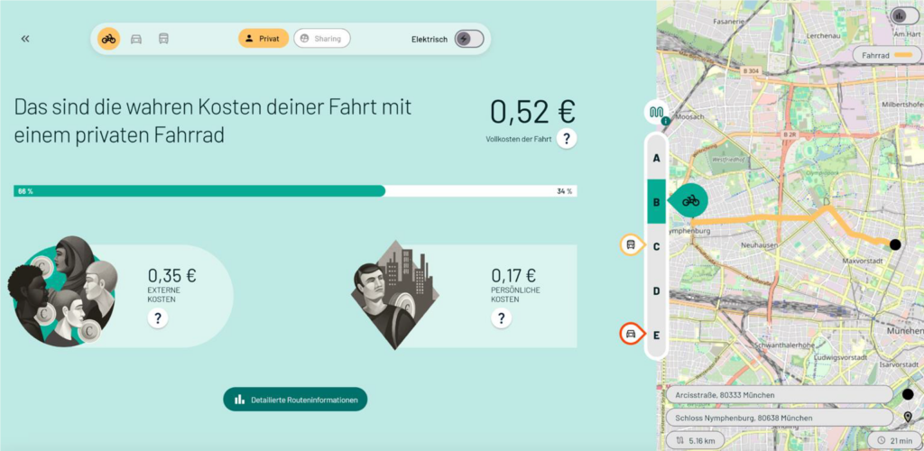 Screenshot einer Kostenübersicht für eine private Fahrradfahrt in München mit detaillierter Aufschlüsselung der externen und persönlichen Kosten sowie einer Karte der Route.
