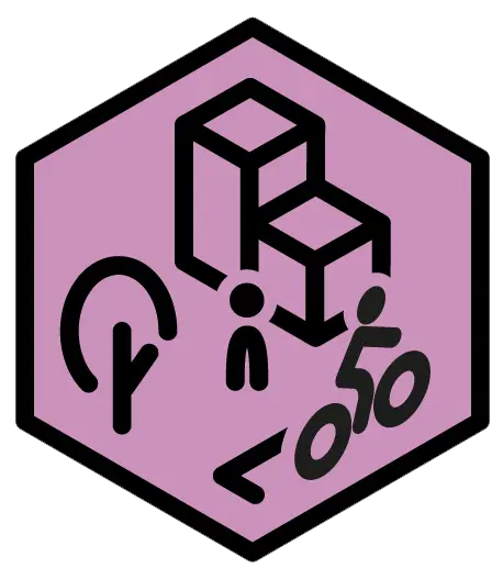 Das ist ein sechseckiges Icon mit einem violetten Hintergrund. In der Mitte sind stilisierte schwarze Symbole dargestellt: Ein Baum mit einem Pfeil, zwei Menschen und ein Fahrradfahrer. Im Hintergrund sind zwei kubische Formen, die an Gebäude erinnern, abgebildet.