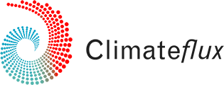 Das Logo zeigt einen spiralförmigen Punktmusterkreis, der links in Rot beginnt und nach rechts unten in Blau-Grün übergeht. Rechts neben dem Spiralzeichen steht der Schriftzug 'Climateflux' in schwarzer Schrift, wobei 'Climate' und 'flux' in unterschiedlicher Schriftart oder -stärke dargestellt sind