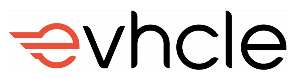 Das Logo zeigt den Schriftzug 'evhcle' in einer modernen, schwarzen Schrift. Das 'e' am Anfang ist rot gestaltet und stilisiert mit zwei horizontalen Linien, die wie Flügel aussehen und Bewegung suggerieren.