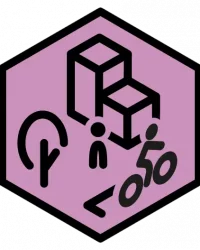 Das ist ein sechseckiges Icon mit einem violetten Hintergrund. In der Mitte sind stilisierte schwarze Symbole dargestellt: Ein Baum mit einem Pfeil, zwei Menschen und ein Fahrradfahrer. Im Hintergrund sind zwei kubische Formen, die an Gebäude erinnern, abgebildet.